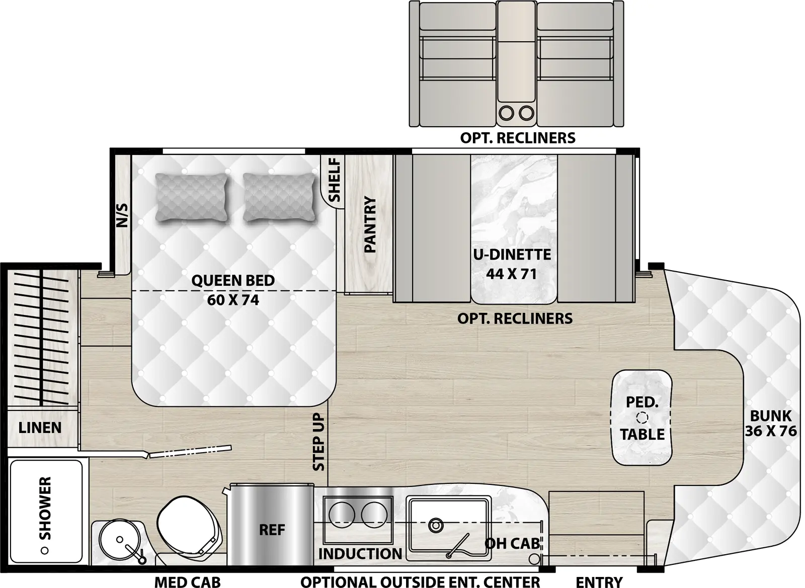 The 24FS has one slideout and one entry. Exterior features an optional outside entertainment center. Interior layout front to back: front cab with bunk above and pedestal table; off-door side slideout with u-dinette (optional recliners), pantry, and side-facing queen bed with shelf and nightstand; door side entry, kitchen counter with sink, overhead cabinet, induction cooktop, and refrigerator; rear wardrobe and linen closet, and rear door side full bathroom.